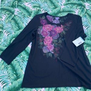 NWT LARGE LAURA SCOTT BLACK BLOUSE W/ RED STUDED FLOWERS